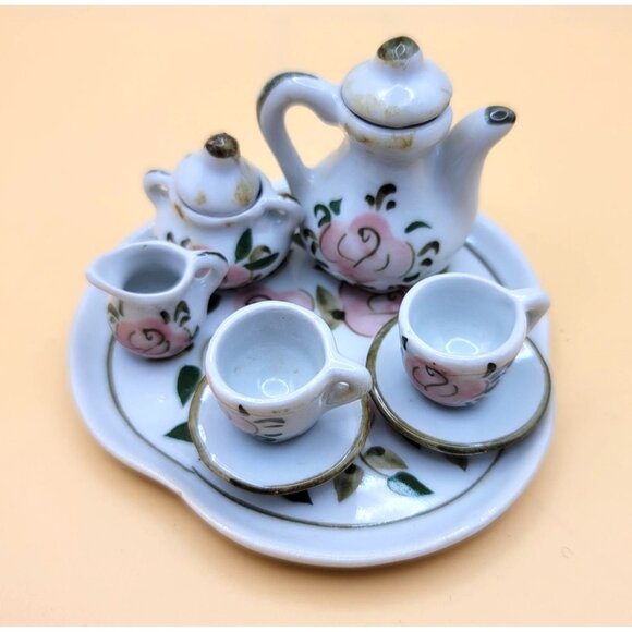 Miniature Porcelain Tea Set With Pink Floral Design & Gold Accents jj3655 - Picture 6 of 8